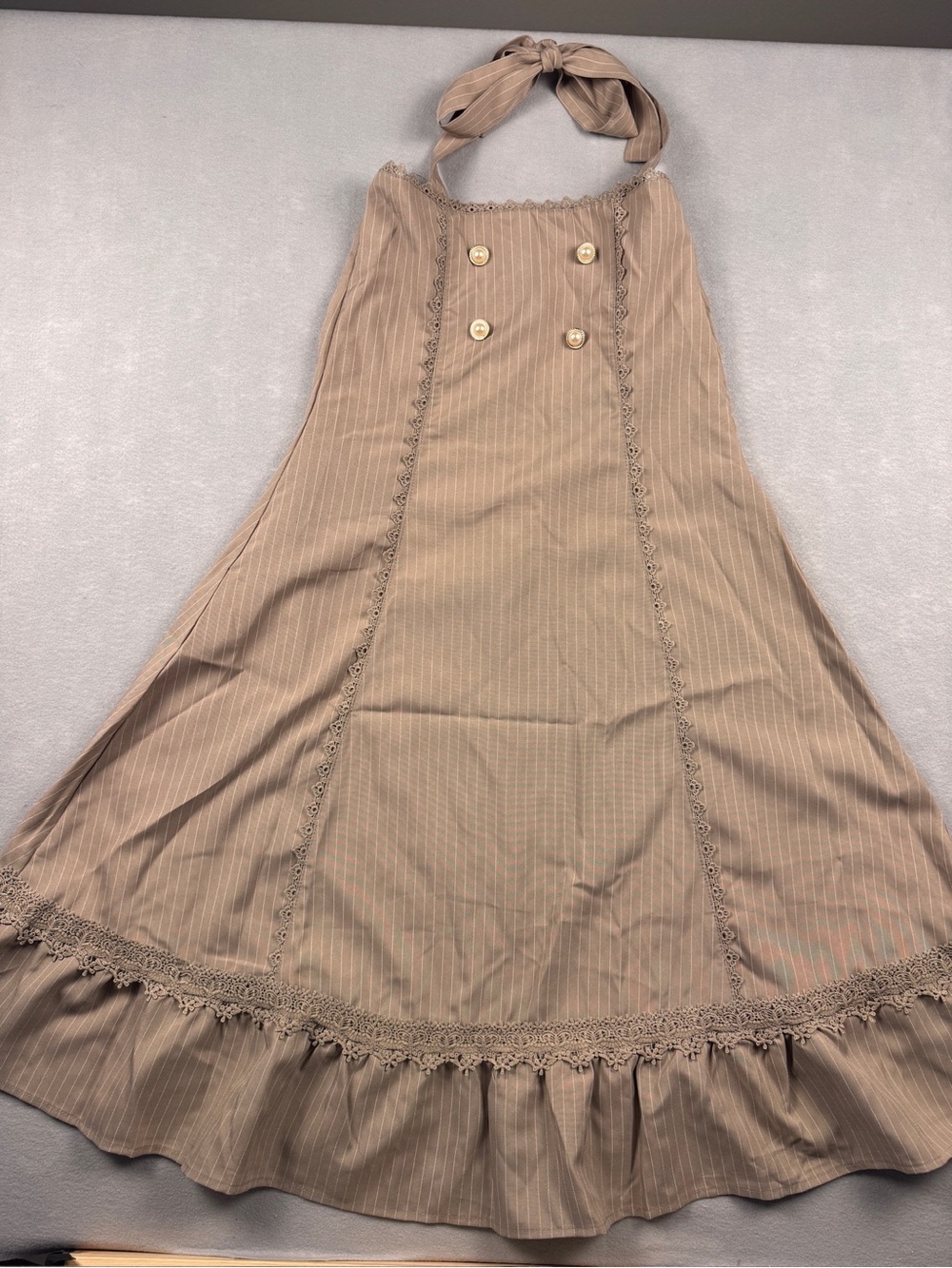Pinstripe Steampunk Tan Halter Midi Dress Large Victorian Pinafore Costume
